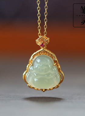雏灵天然玉石吊坠和田玉佛公s925银镀金镶嵌大肚佛小红薯爆款吊坠