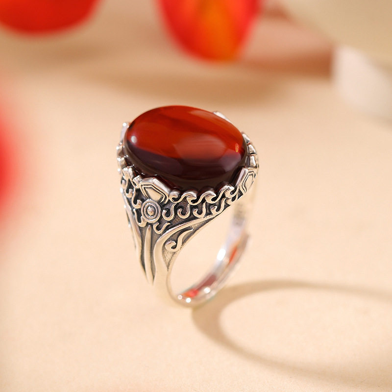 通体纯银S925纯银血珀复古做旧国风火焰纹蛋面戒指气质民族风指环