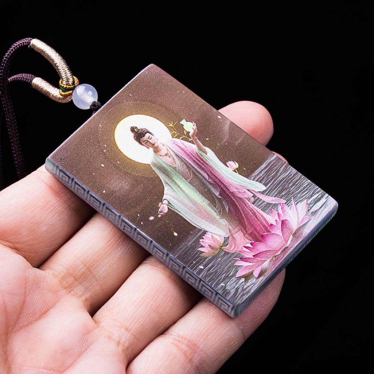 天然A货翡翠观音牌精工超清喷绘高老玉石吊坠挂件玉佩