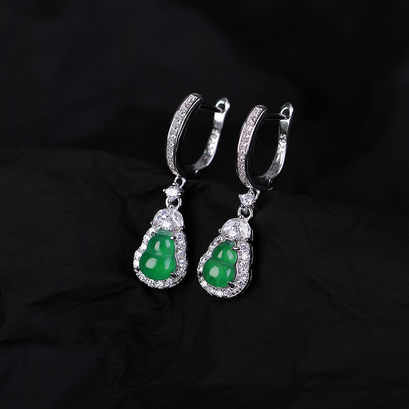 通体S925纯银翡翠复古轻奢葫芦耳环气质百搭国风福禄设计感耳坠