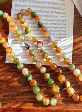 七彩孔雀色小众精品玉髓串珠项链颗颗打结大颗粒玛瑙项链女