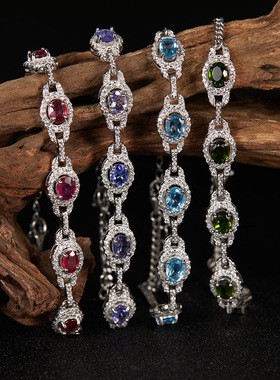 S925纯银天然透辉石托帕石石榴石坦桑石红宝石手链女欧美彩宝