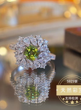 天然彩宝橄榄石戒指镶嵌银高级华丽设计欧美直播热款