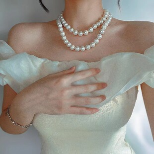 大颗粒大气贝珠双层珍珠项链长款毛衣链多种带法实拍对版