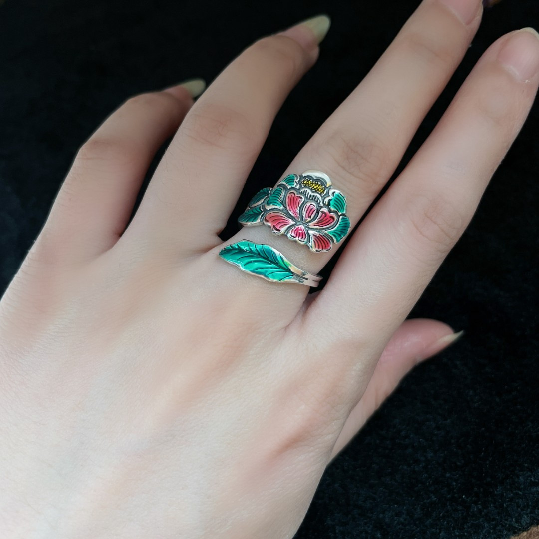 S925纯银戒指女款开口牡丹花国潮