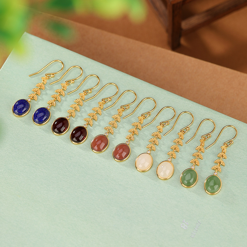 通体S925纯银镀金和田玉碧玉南红青金石血珀麦穗蛋面耳坠银耳钩