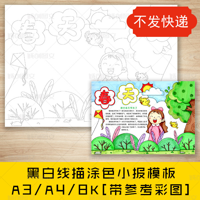 cc547春天黑白线描涂色手抄报女孩版春天来了季节小报模板