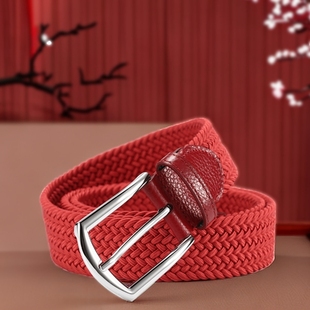 曼邦红色编织皮带男士喜庆松紧腰带本命年帆布休闲弹力高尔夫裤带
