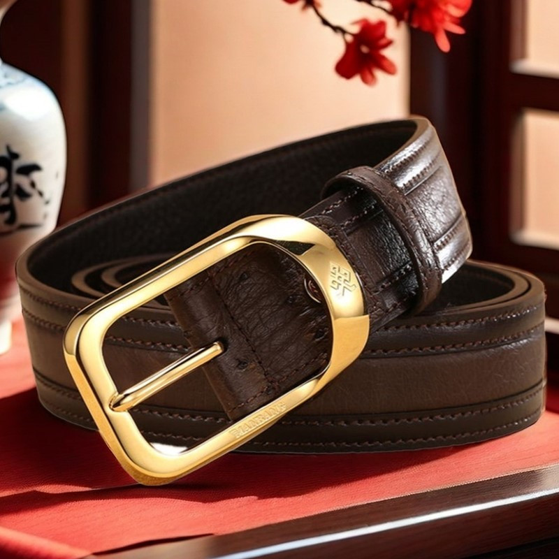 曼邦鸵鸟皮真皮皮带男铜扣针扣商务腰带潮青中年高档休闲男士裤带
