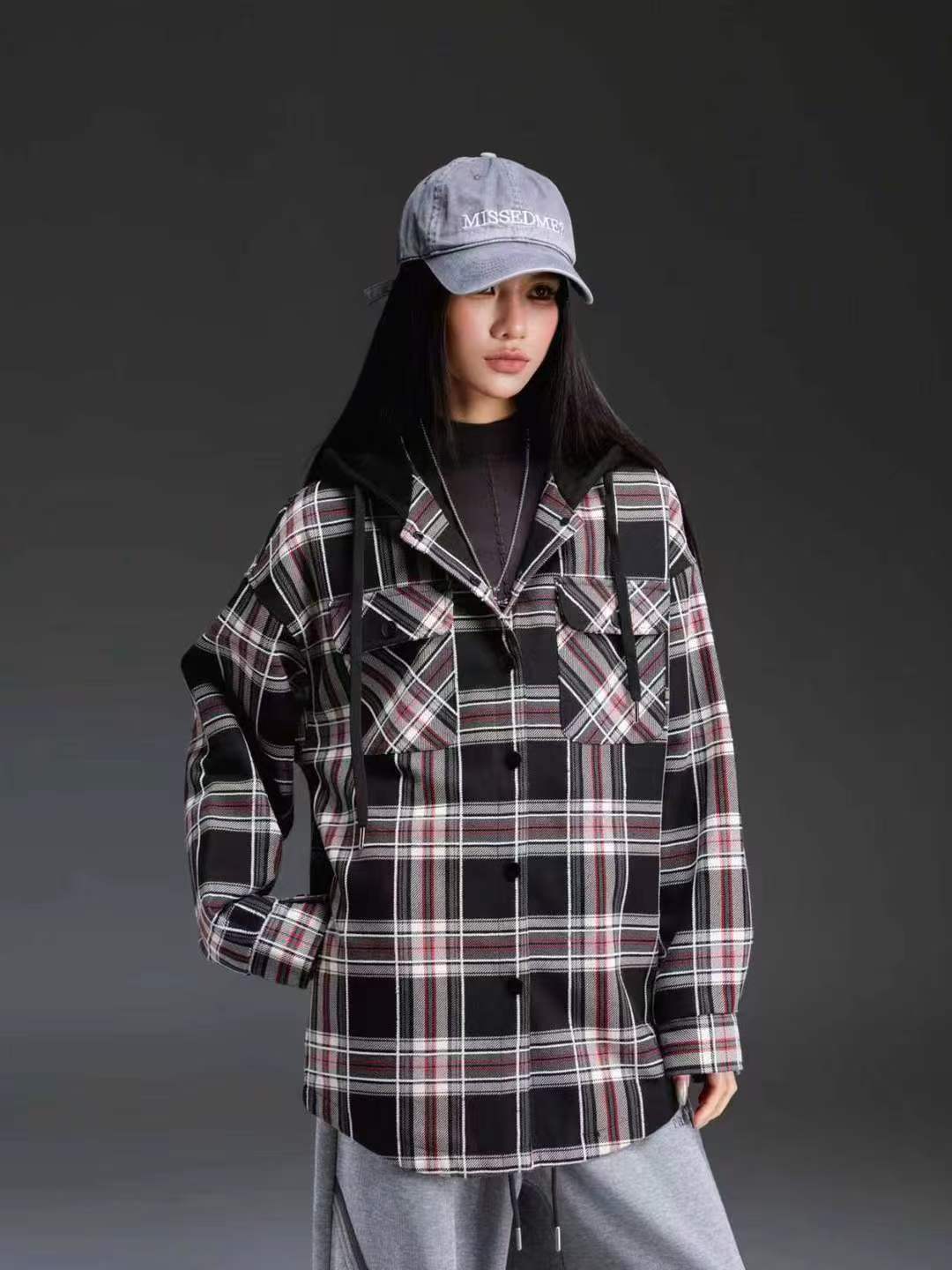 拓谷专柜正品2026秋冬新款宽松显瘦格子连帽加绒外套女潮D52221B图片