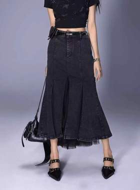 拓谷正品开叉牛仔裙女半身裙时尚拼接网纱高腰包臀鱼尾C50917