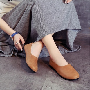 潮鞋 鞋 平底复古禅意瓢鞋 女士文艺圆头休闲皮百搭真皮森女鞋 子秋季