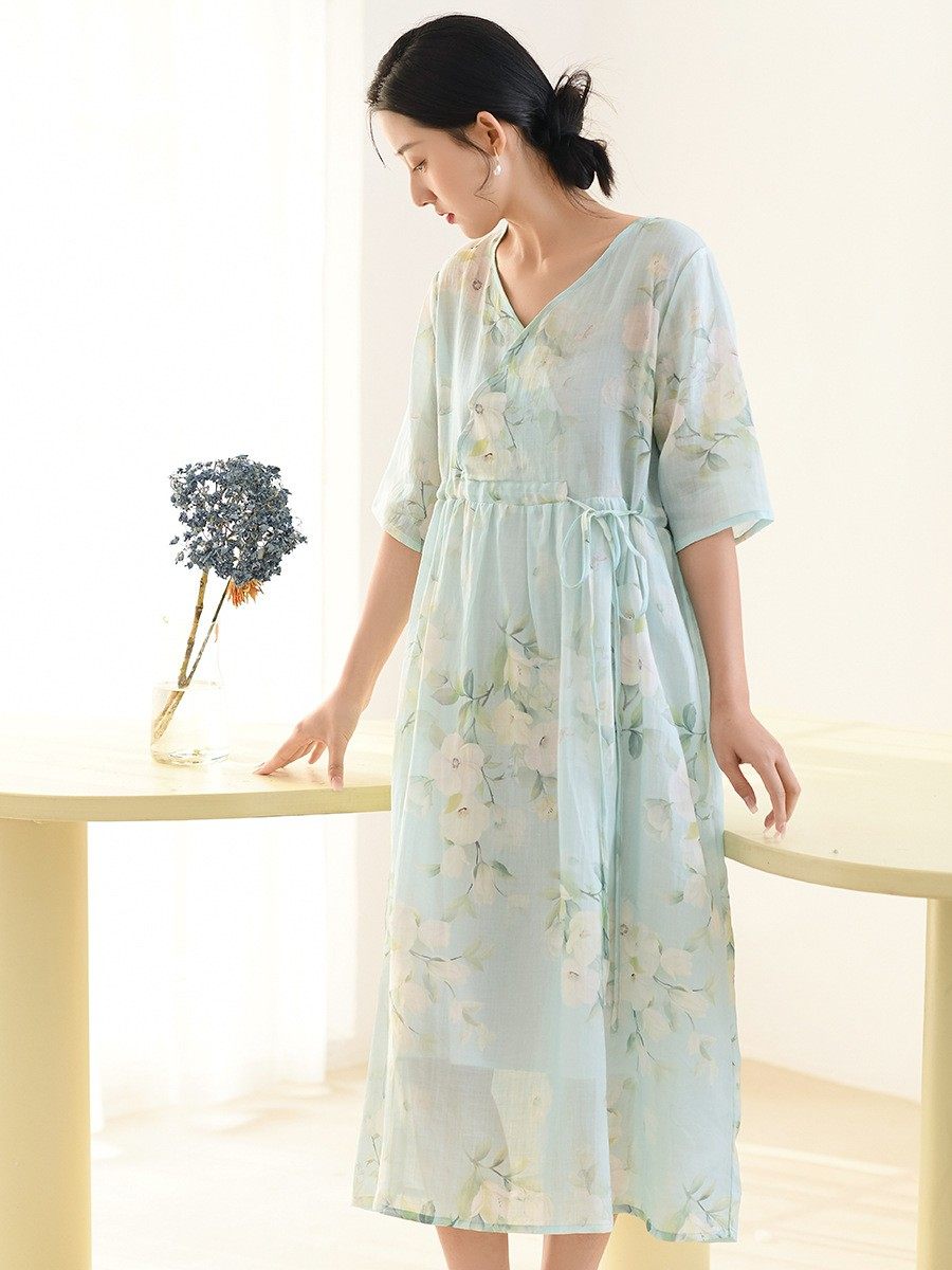 2024夏新款苎麻印花连衣裙女收腰显瘦v领中式复古长裙气质茶歇服,女装/女士精品,连衣裙,淘宝优惠券,粉丝福利购,淘宝优惠卷