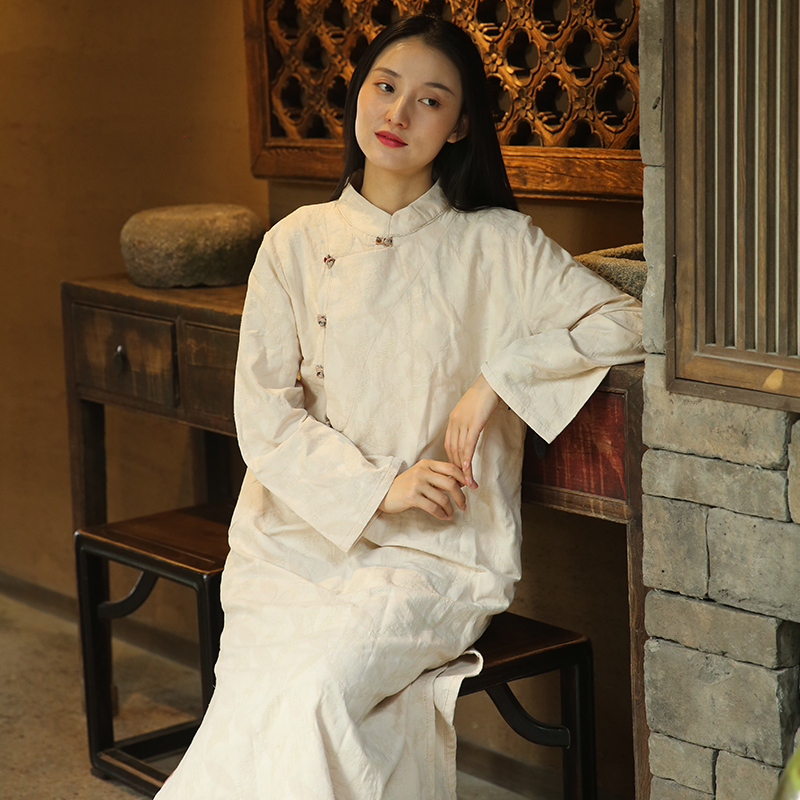 原创中式佛系禅意茶服女秋冬新款中国风文艺改良旗袍裙加绒连衣裙