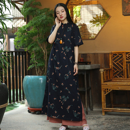 布衣美人春夏新款民族风棉麻立领小扣连衣裙女宽松显瘦文艺茶歇裙