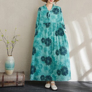 2025秋款改良汉服棉麻印花长裙V领显瘦文艺范简约宽松褶皱连衣裙