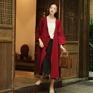 秋装 中长风衣清新显瘦 女改良复古开襟文艺纯色系带盘扣砂洗麻中式