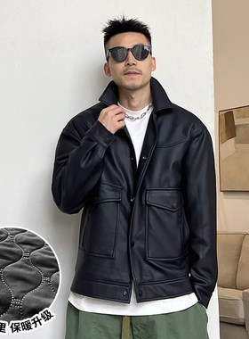 杠叔秋冬季男痞帅翻领机车服皮衣