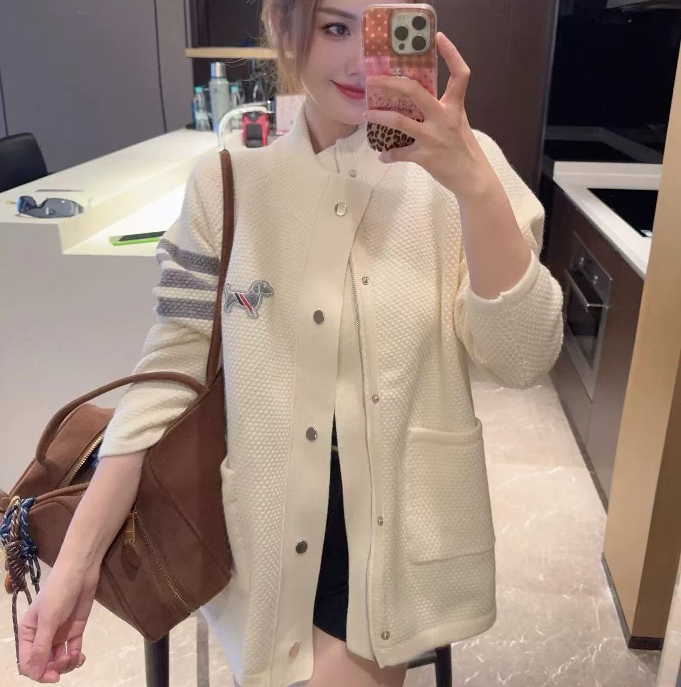 TB学院风小狗针织开衫女秋冬新款立领宽松显瘦百搭四杠毛衣外套潮