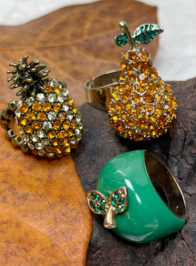 外单复古夸张个性滴釉镶钻苹果菠萝梨戒指饰品创意食指环满25包邮