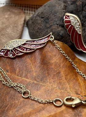 外贸原单铜研磨砂金复古中古酒红色翅膀戒指手脚链套装满25包邮