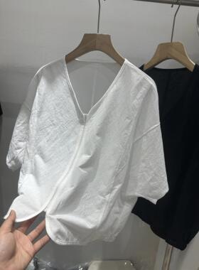 实体女装2026CleanF衣it 极简夏开衫潮V领拉链披灯笼袖短款上短袖