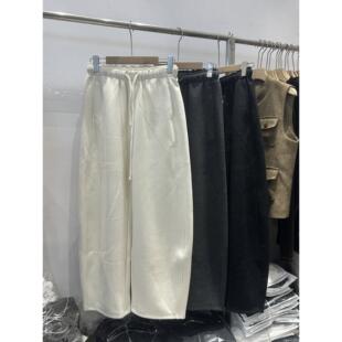 实体女装韩版边新款抽绳腰阔裤腿休闲女花秋冬宽松垂感显瘦直筒长