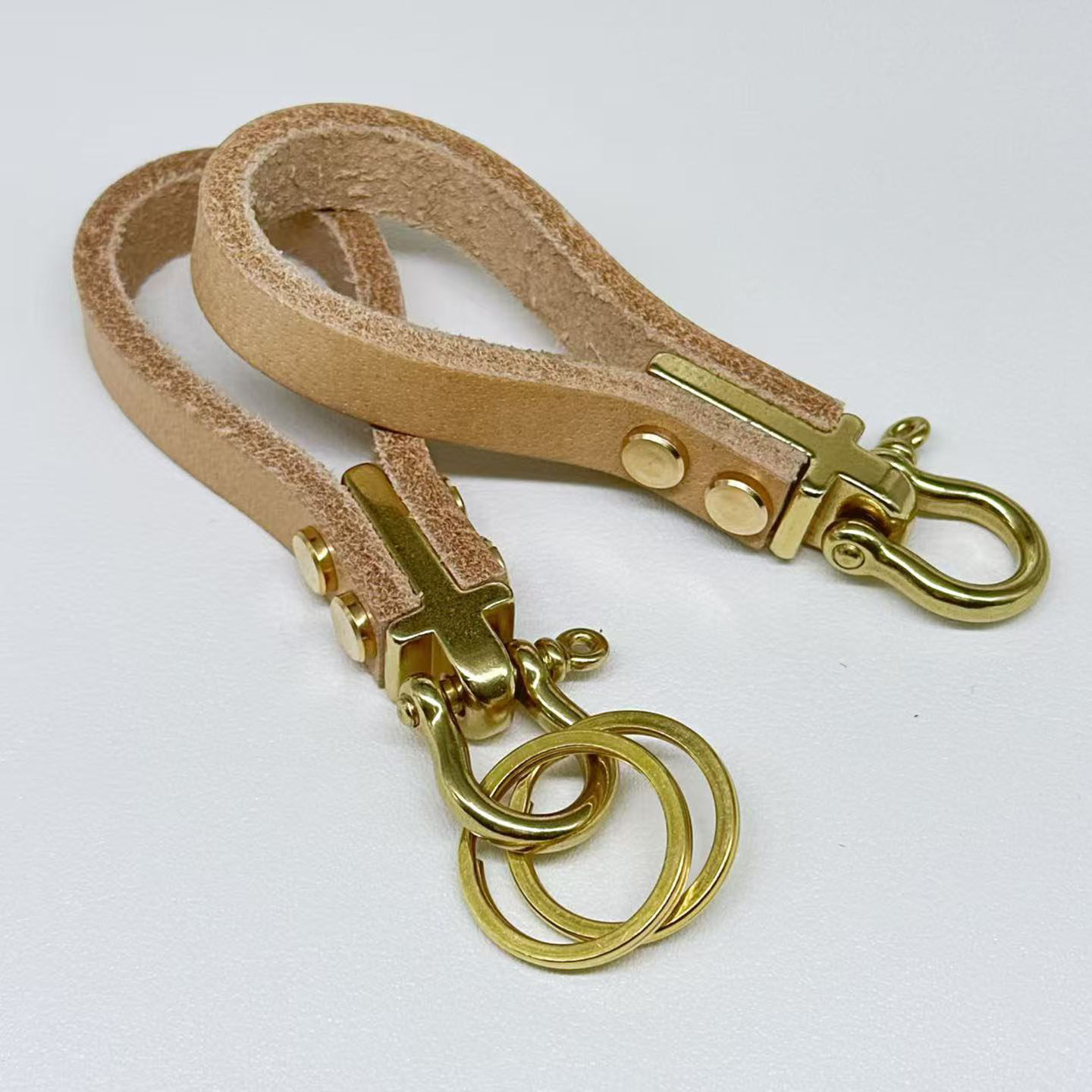 纯手工真头层牛皮制作植鞣皮钥匙扣汽车黄铜钥匙挂链棕色5毫米厚