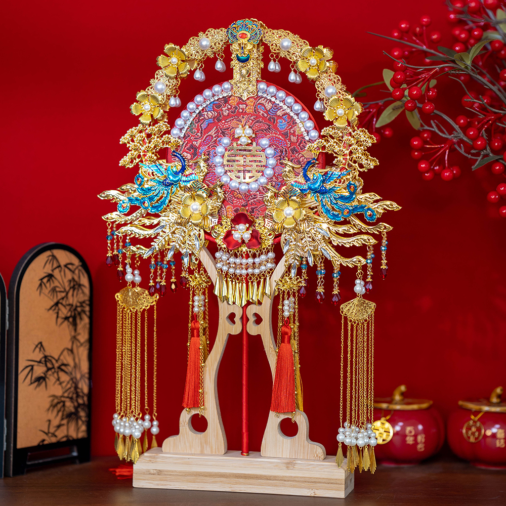 藍鳳戲珠蠶絲扇面高端結婚禮品