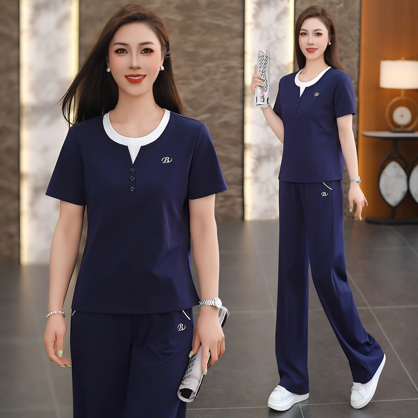 品牌运动套装女夏季2026新款洋气减龄宽松显瘦休闲跑步服两件套棉