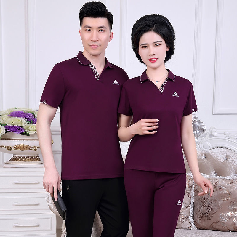 2025夏季中老年运动套装女洋气妈妈夏装纯棉休闲短袖T恤爸爸男装