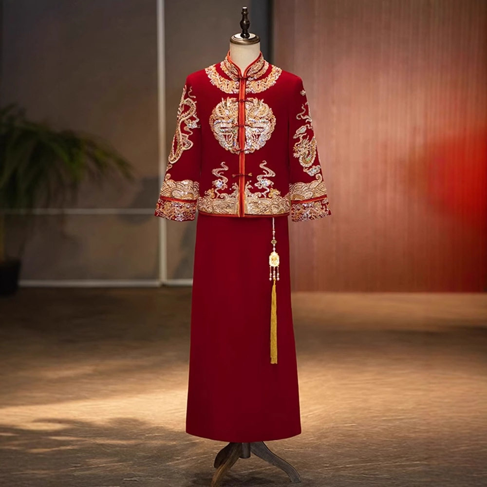 秀禾服男士新郎婚服中式接亲复古唐装汉服红色敬酒服龙凤褂秀和服