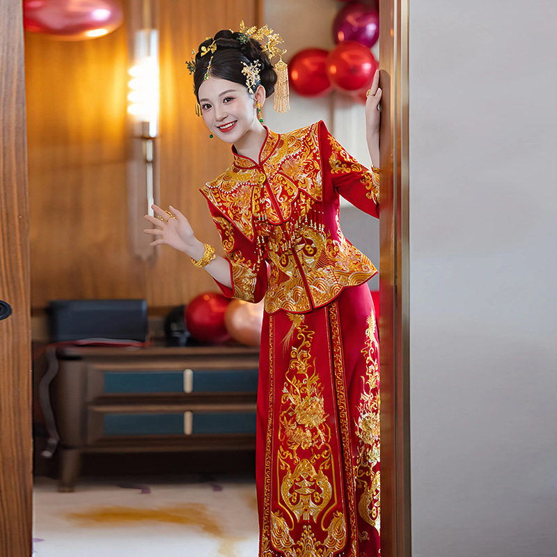 高端披肩旗袍秀禾服婚服高级感新娘龙凤褂嫁衣夏季嫁衣出阁服显瘦