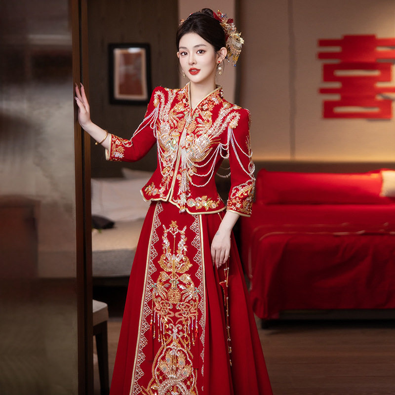 丝绒秀禾服新娘2026新款中式婚纱嫁衣结婚龙凤褂敬酒服重工秀和服