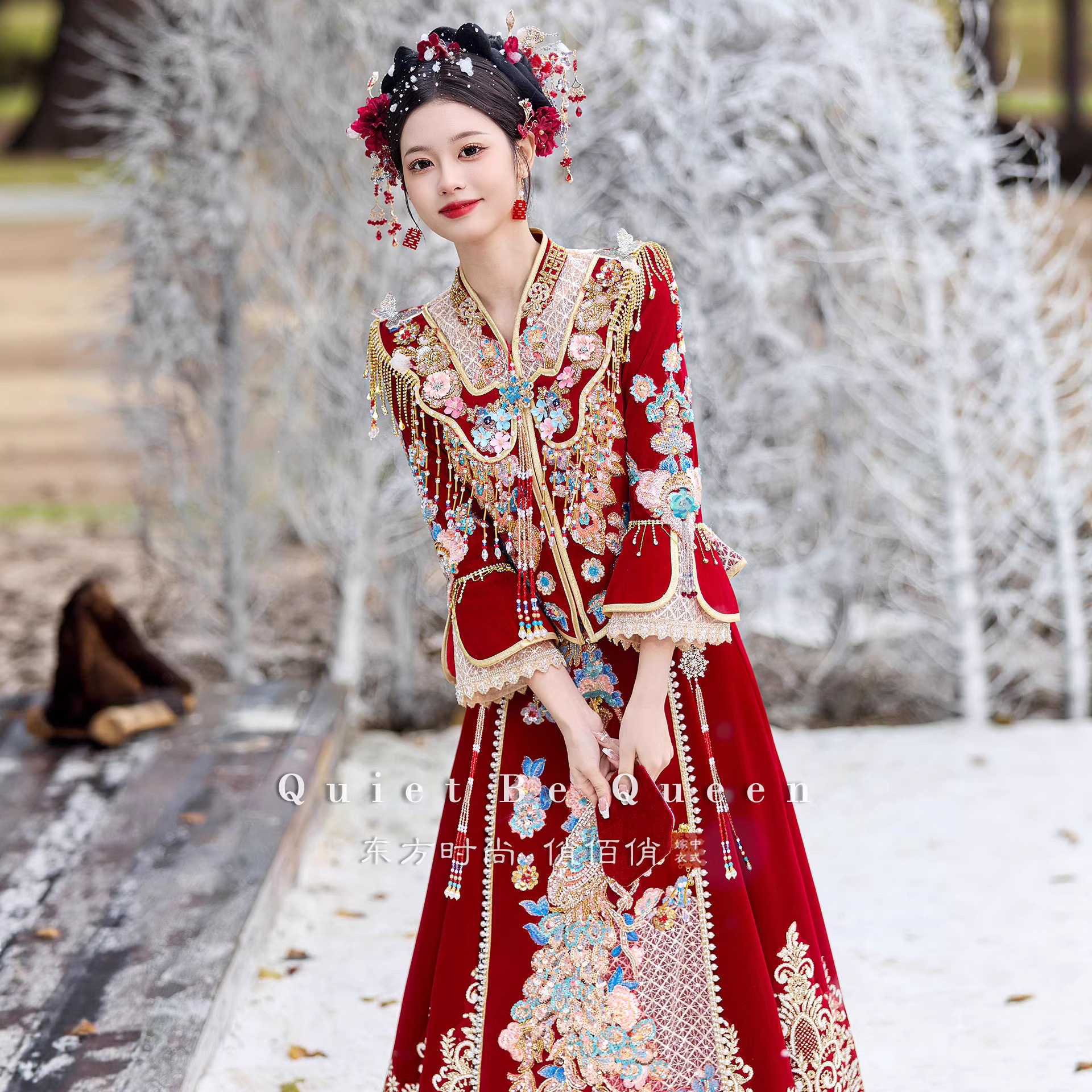 新娘结婚秀禾服2025新款翘肩中式凤冠霞帔丝绒高端礼服重工出阁服