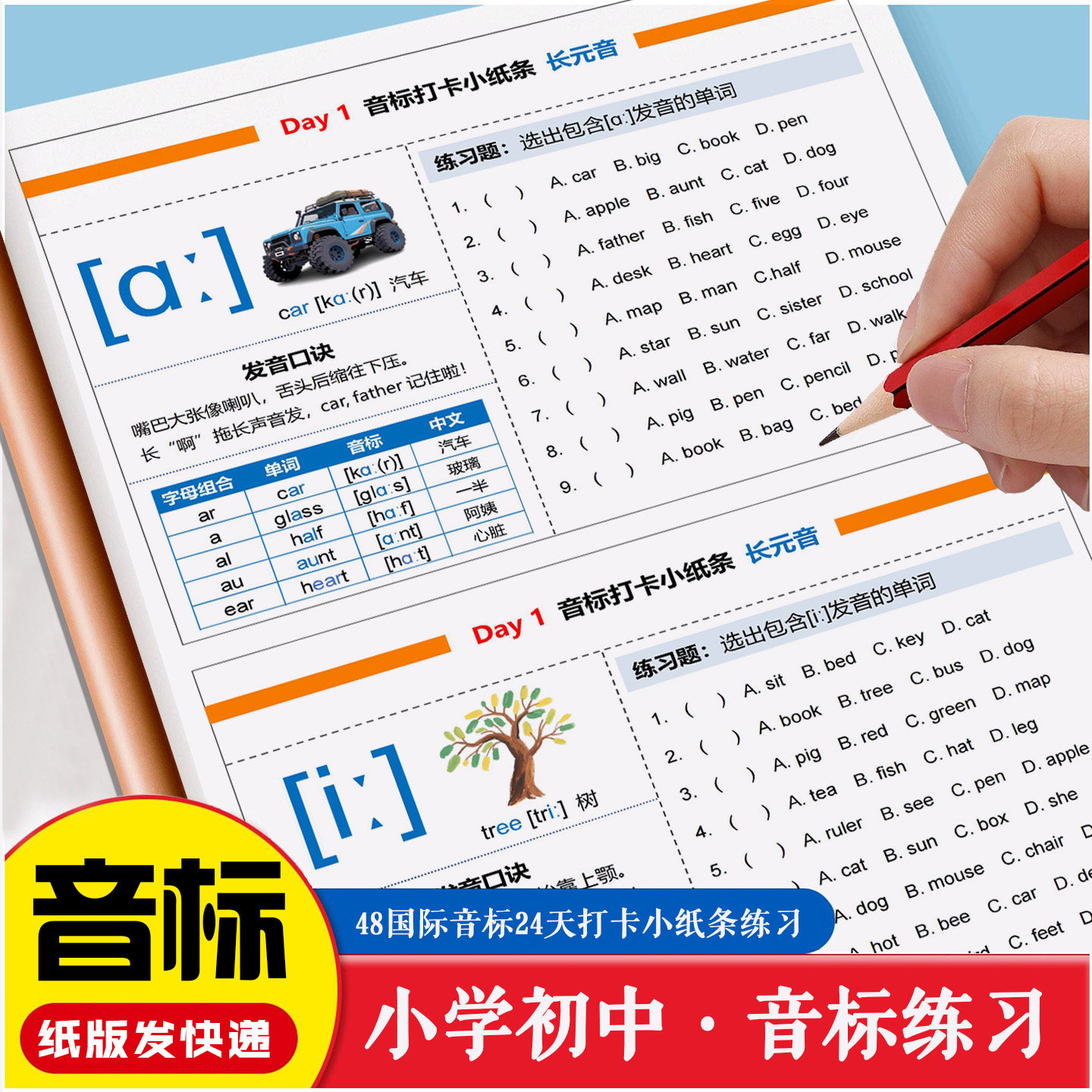 英语48个国际音标专项练习和自然拼读教材小学初中每日打卡小纸条