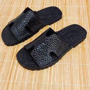 手作野牛皮一字拖固特异贯穿缝制男士真皮拖鞋夏季减震防滑沙滩拖