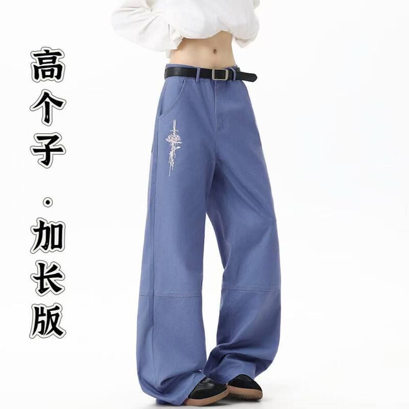 加长版美式法工蓝工装裤男女秋高街设计感伐木高个裤子宽松微喇裤图片