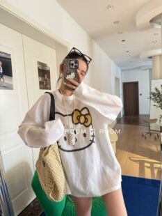 东room2026夏新款卡通可爱小猫印花长袖T恤女宽松显瘦棉麻防晒衣