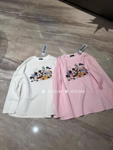 东ROOM韩版卡通米奇印花长袖T恤宽松百搭圆领上衣显瘦棉麻防晒衣