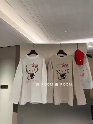 東room2026夏季可爱卡通猫咪印花长袖T恤麻料宽松休闲上衣
