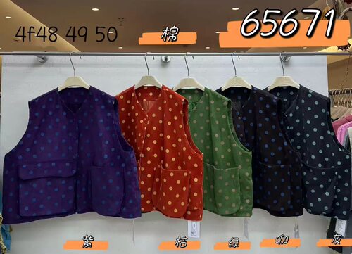 We女装65671冬季韩版宽松大码胖mm慵懒休闲风波点V领工装棉马甲