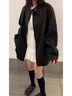 2601春季 韩版 宽松抽绳显瘦百搭立领显瘦中长款 皮衣外套 新款