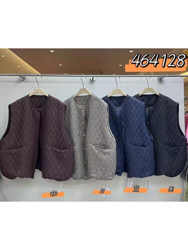 We女464128秋冬韩版宽松大码胖mm慵懒休闲风圆领菱格复古棉服马甲