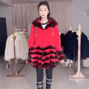 西瓜红大摆帽进口水貂 特价 佟二堡皮草貂皮大衣女款 整貂2025新款