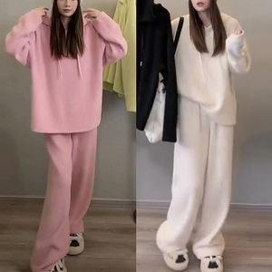 2023冬装欧货卫衣套装女宽松加绒加厚连帽上衣休闲阔腿裤两件套潮