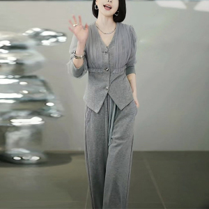欧货气质套装女2023秋冬季加绒加厚显瘦V领上衣阔腿裤休闲两件套