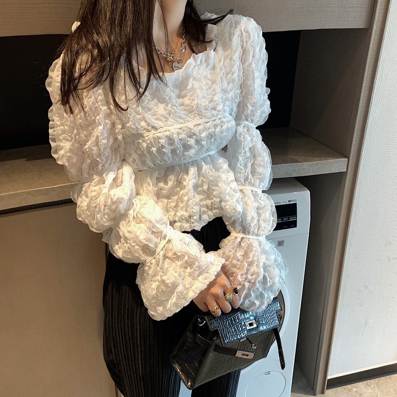 浪漫迷人木耳千层雪纺衫韩国东大门款方领抽皱收腰甜美小仙女上衣