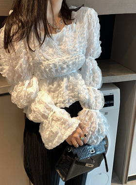 浪漫迷人木耳千层雪纺衫韩国东大门款方领抽皱收腰甜美小仙女上衣