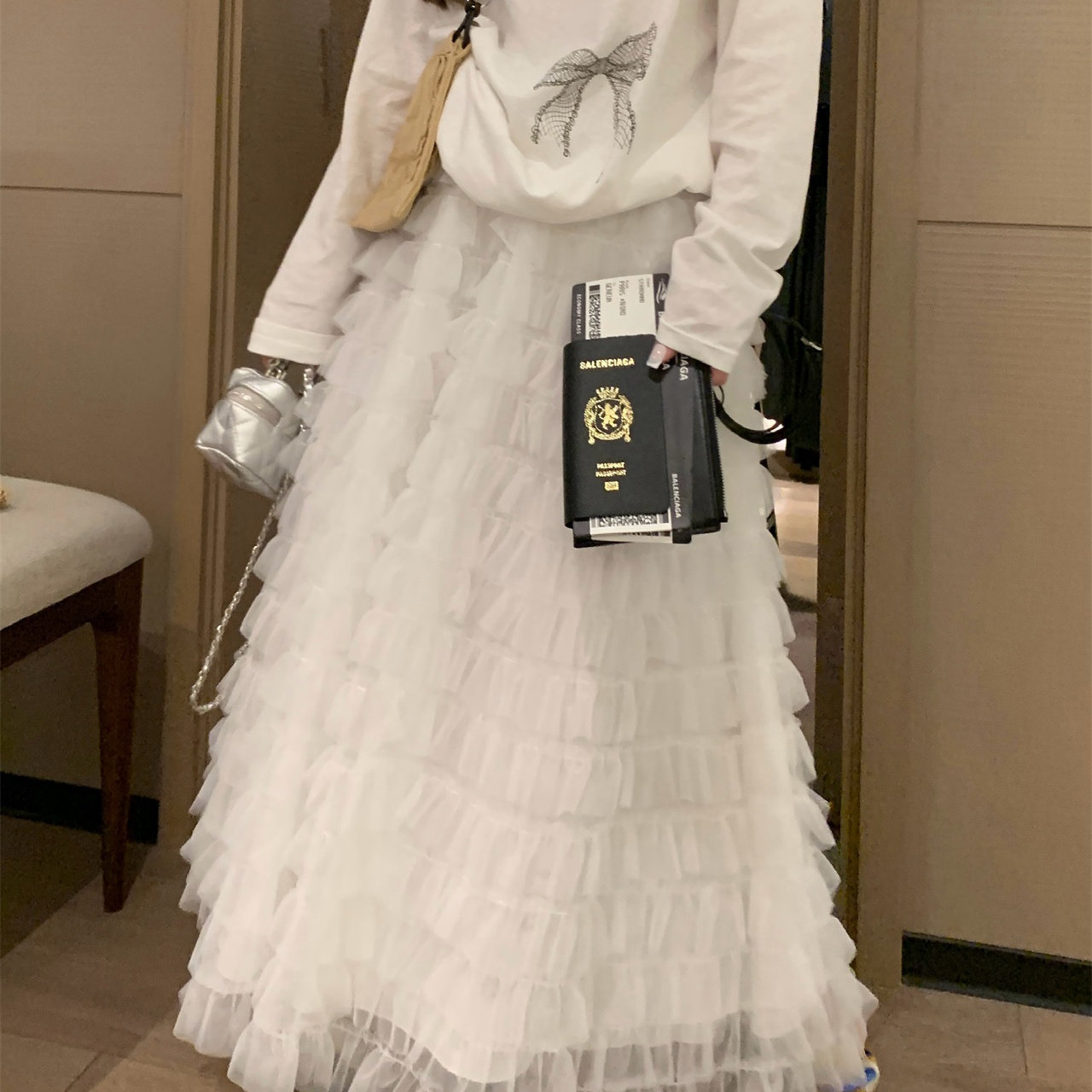 浪漫小仙女多层纱裙长款半身裙韩国风甜美少女感蝴蝶结气质灰白色